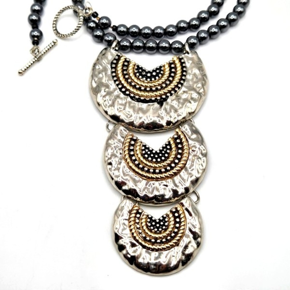 Gorgeous 6mm Hematite 19" Beaded Necklace 3-Tier Tri-Tone 4" Tribal Drop Pendant